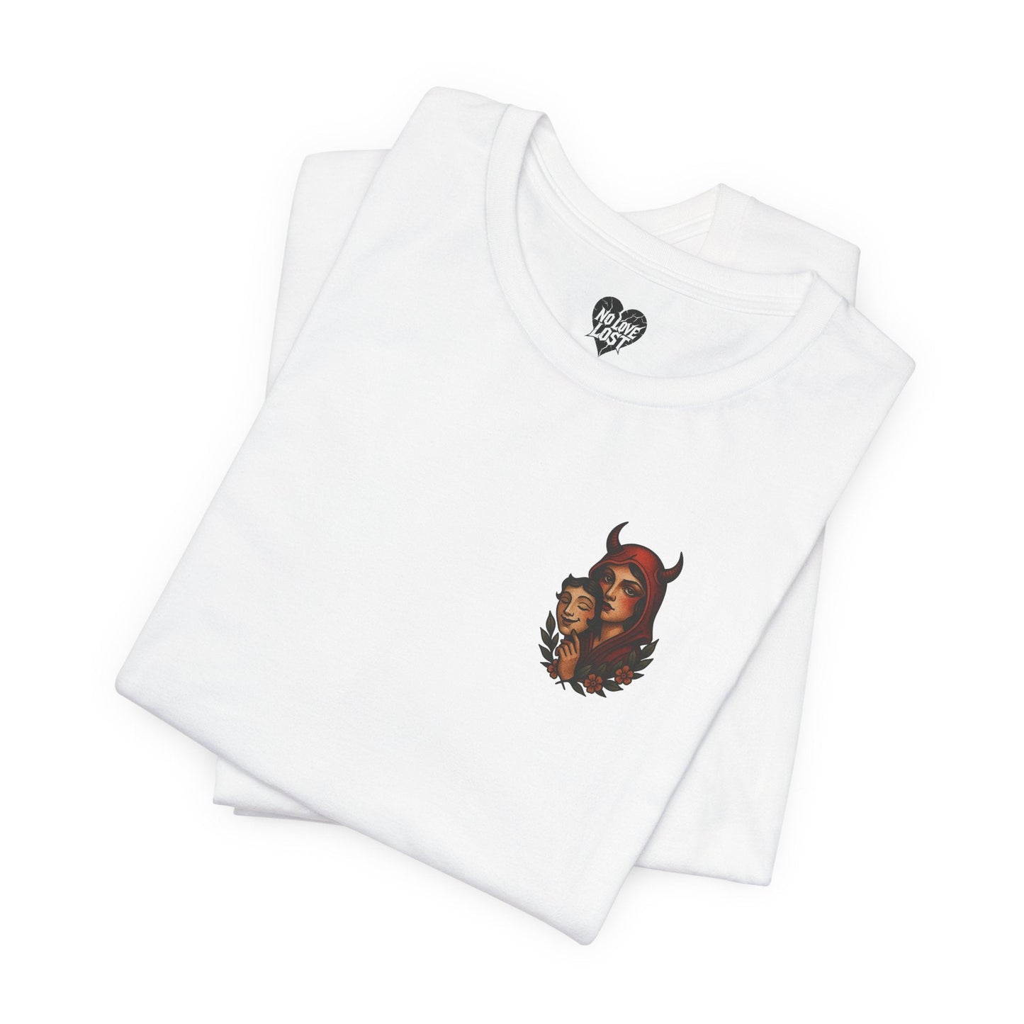 "Devil in disguise" – Neo-Traditional Devil Chest Print T-Shirt Printify