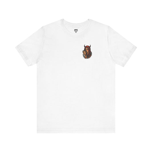 "Devil in disguise" – Neo-Traditional Devil Chest Print T-Shirt Printify