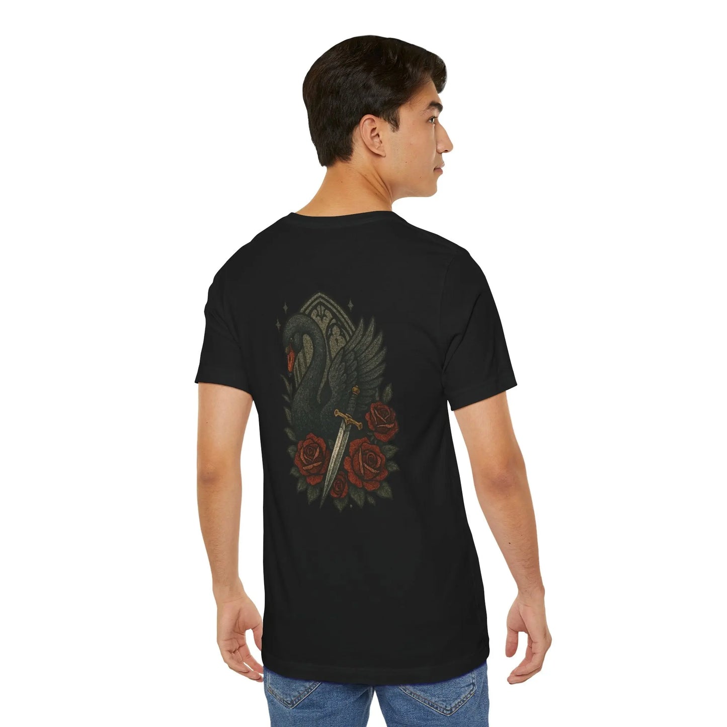 Black Swan & Roses – Gothic Sword Back Print Tee Printify