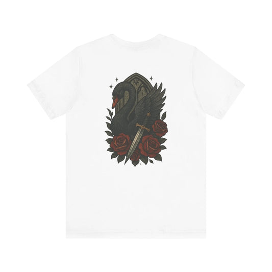 Black Swan & Roses – Gothic Sword Back Print Tee Printify