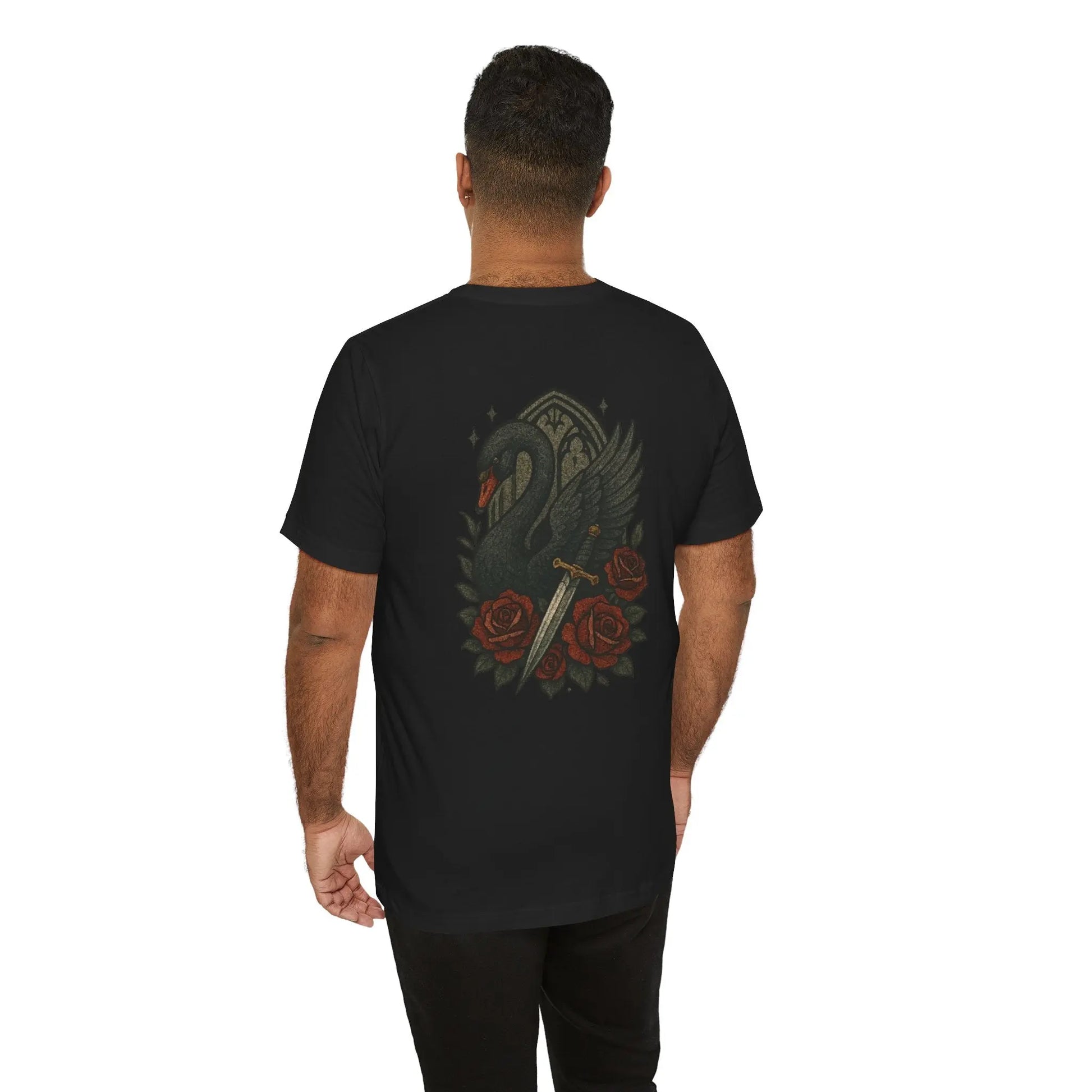 Black Swan & Roses – Gothic Sword Back Print Tee Printify
