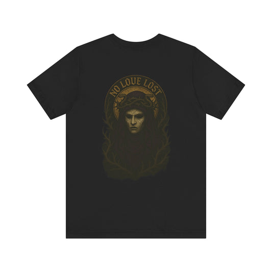 “No Love Lost” Gothic Saint Back Print T-Shirt Printify