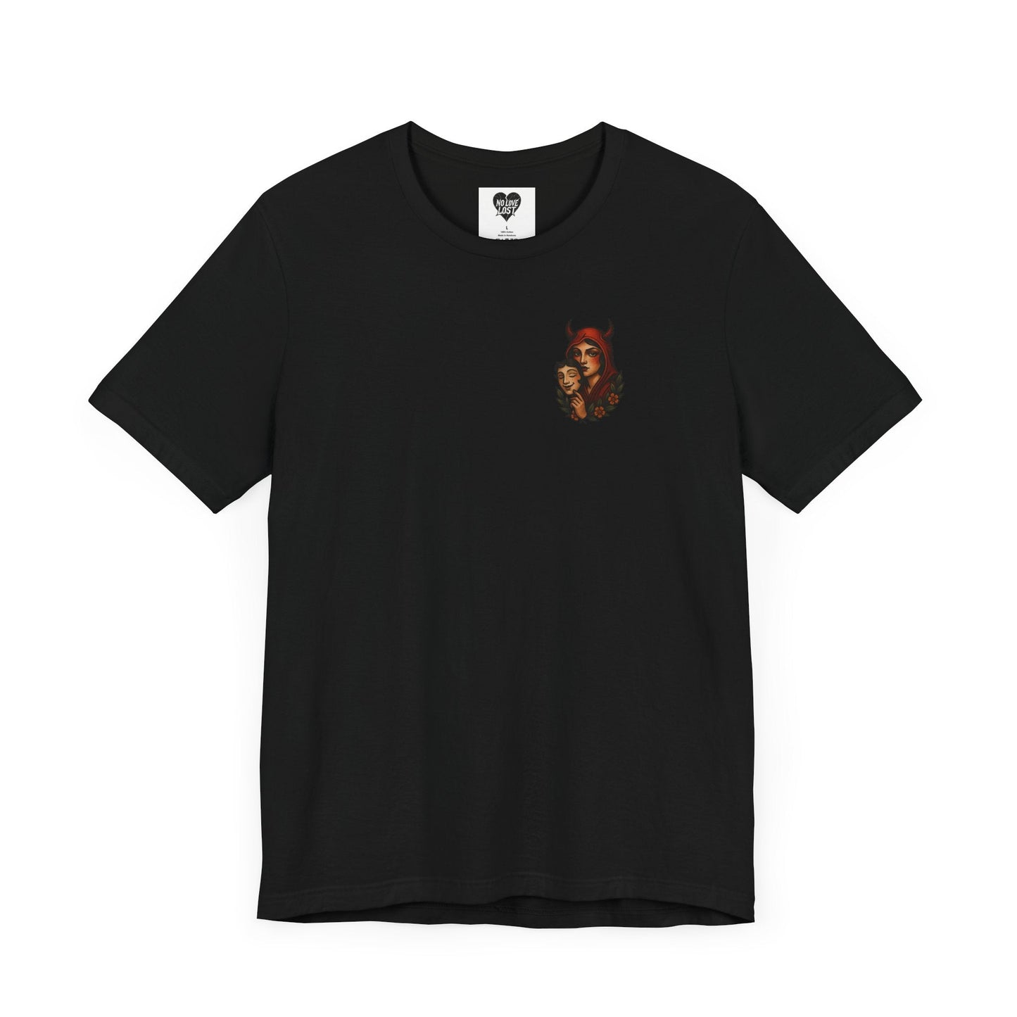 "Devil in disguise" – Neo-Traditional Devil Chest Print T-Shirt Printify