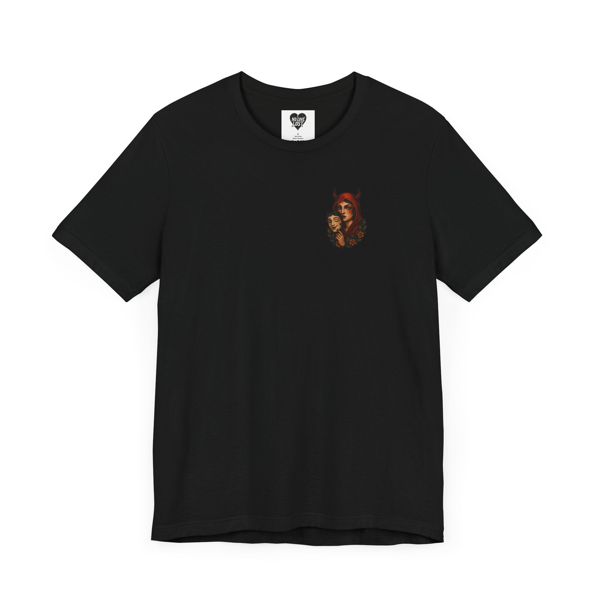 "Devil in disguise" – Neo-Traditional Devil Chest Print T-Shirt Printify