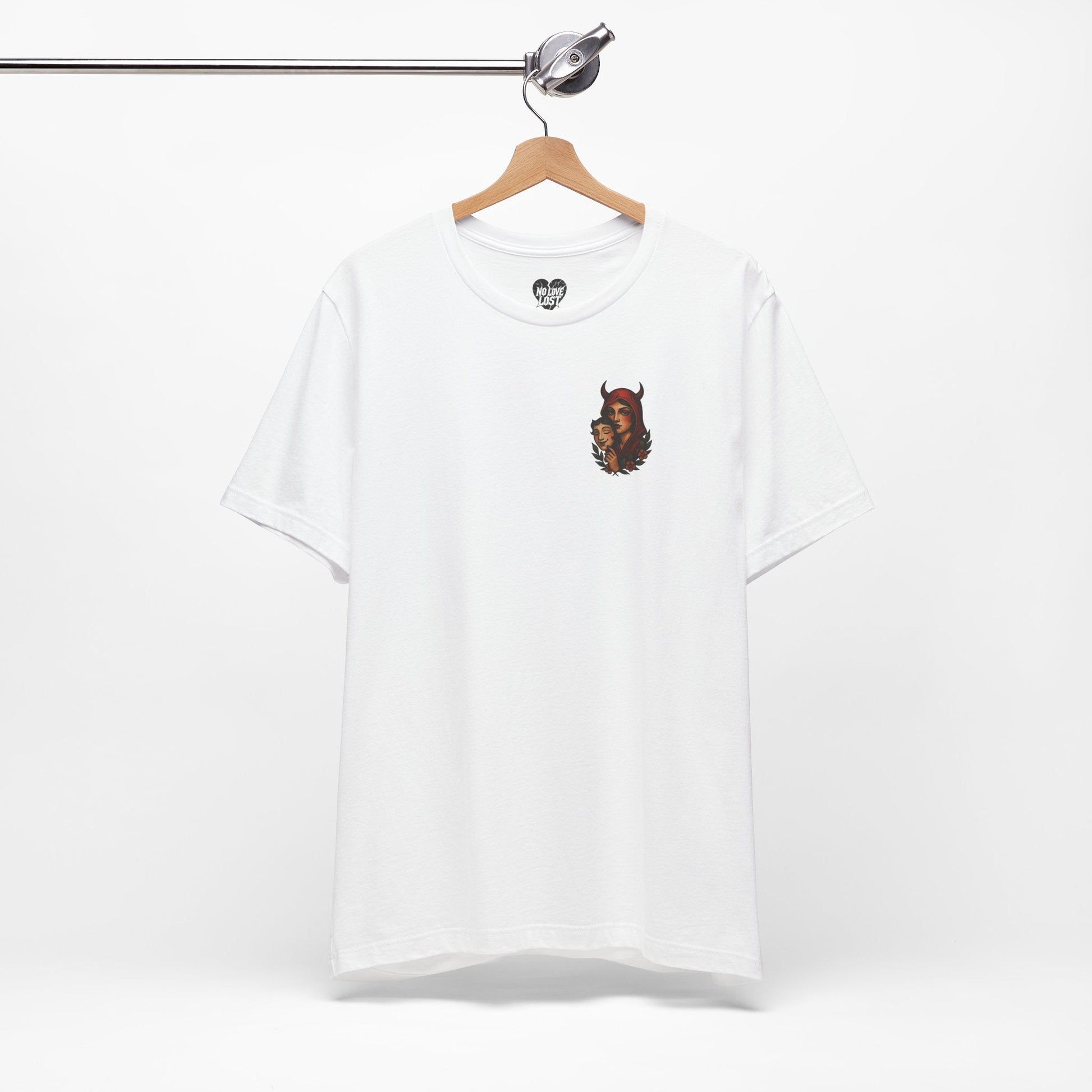 "Devil in disguise" – Neo-Traditional Devil Chest Print T-Shirt Printify