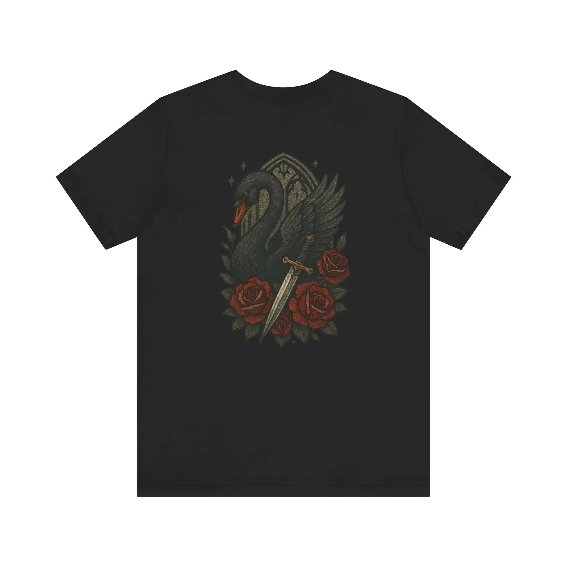 Black Swan & Roses – Gothic Sword Back Print Tee Printify