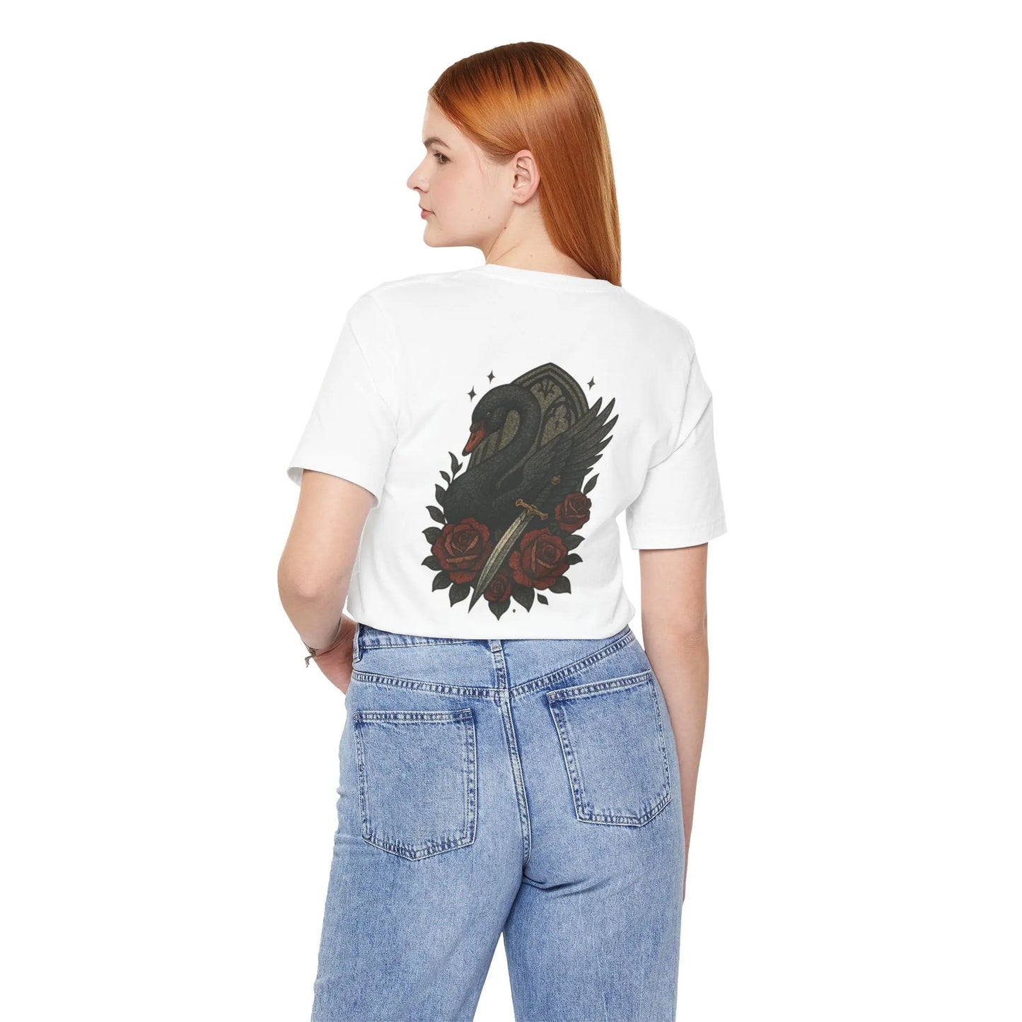 Black Swan & Roses – Gothic Sword Back Print Tee Printify