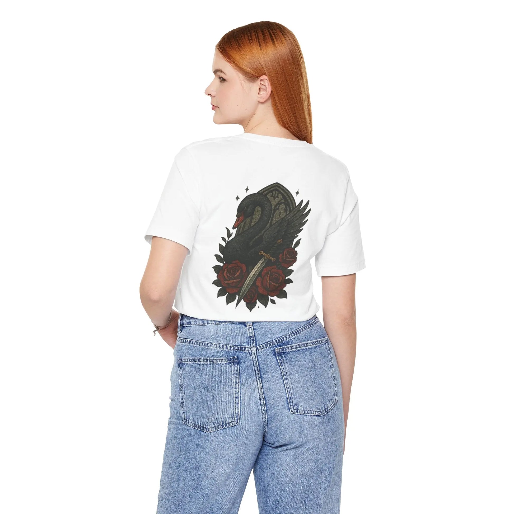 Black Swan & Roses – Gothic Sword Back Print Tee Printify