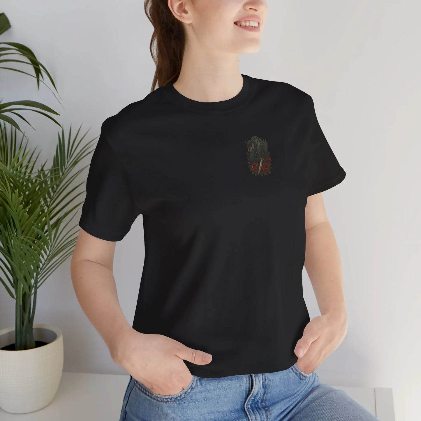 Black Swan & Roses – Gothic Front Print Tee - black swan gothic tee Printify