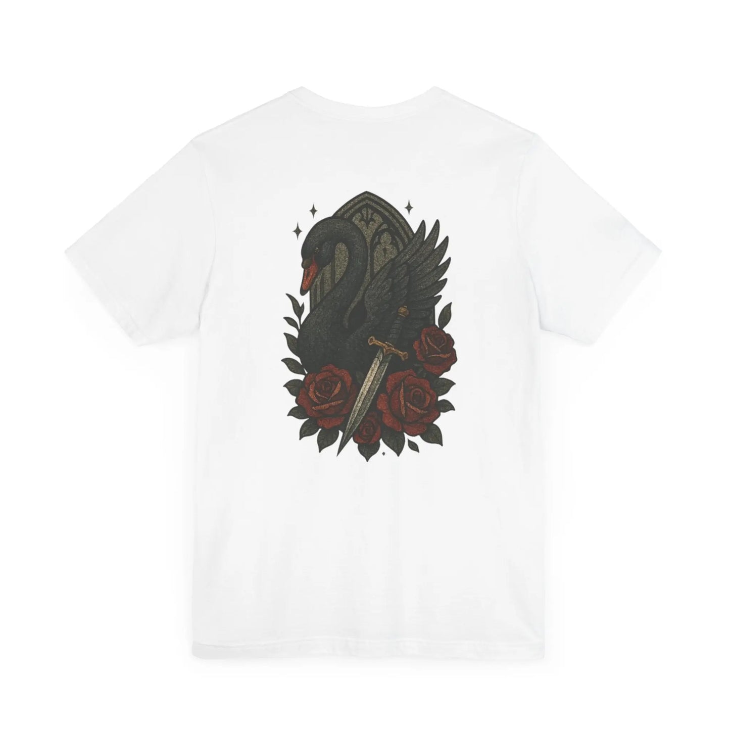Black Swan & Roses – Gothic Sword Back Print Tee Printify