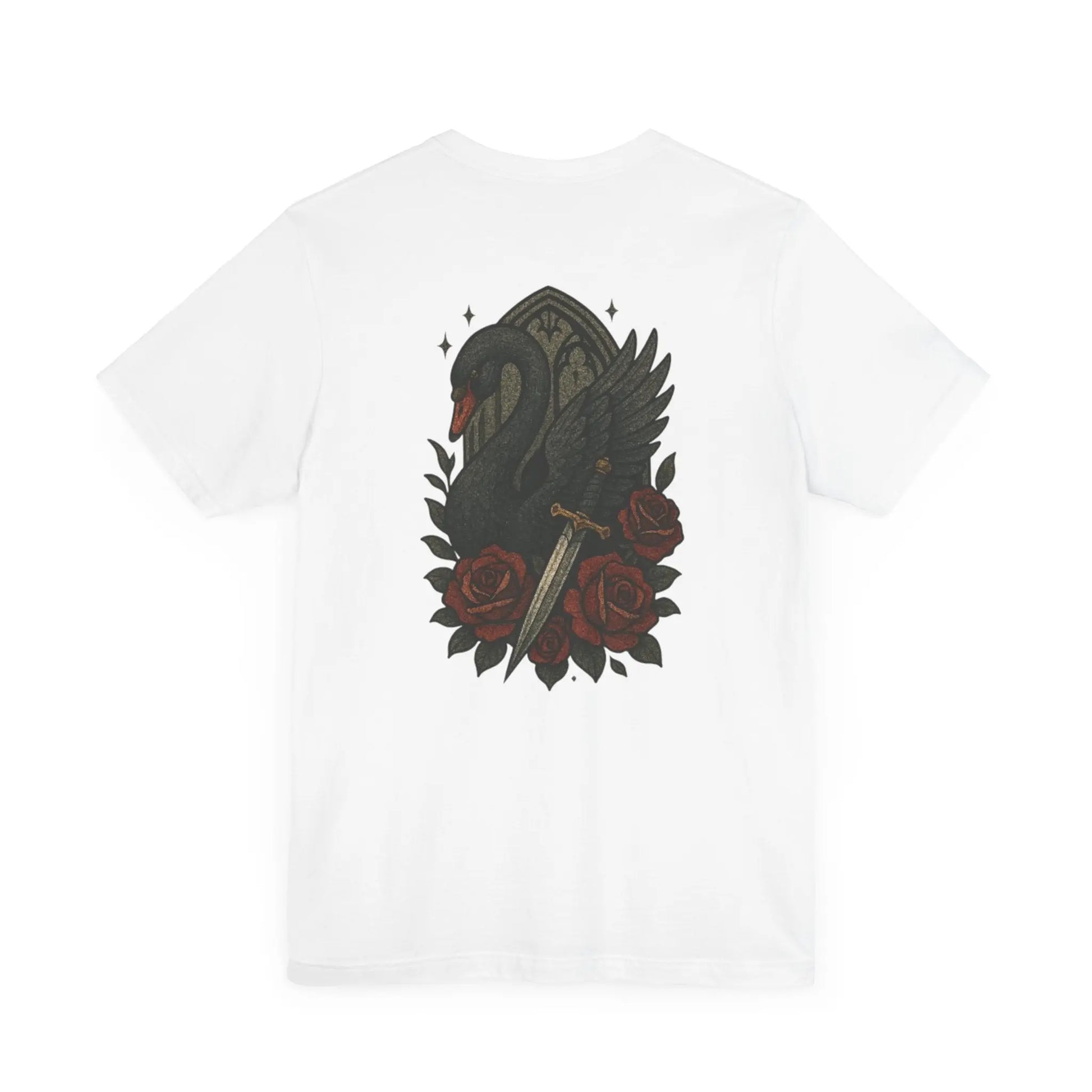 Black Swan & Roses – Gothic Sword Back Print Tee Printify