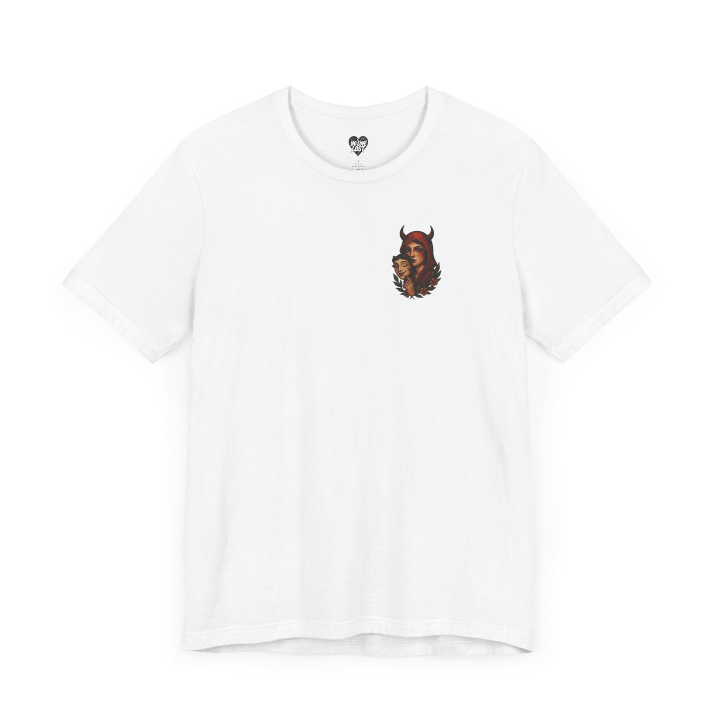 "Devil in disguise" – Neo-Traditional Devil Chest Print T-Shirt Printify