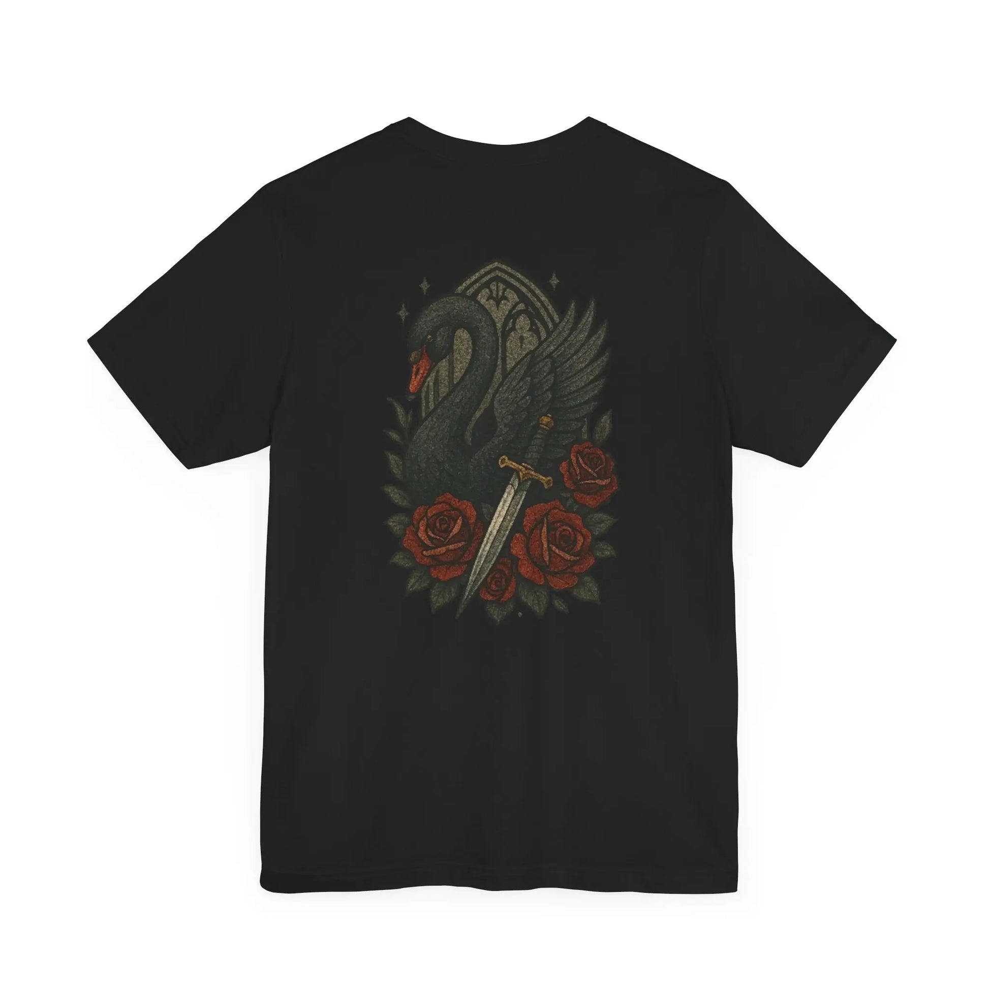Black Swan & Roses – Gothic Sword Back Print Tee Printify